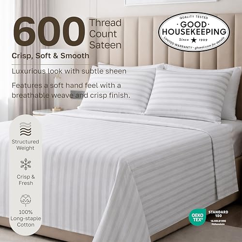 Image of California Design Den King Size Sheet Set - 100% Cotton, 600 Thread Count, Deep Pocket King Sheets, Premium-Feel Bedding with Sateen Weave - Ticking Stripe Pattern