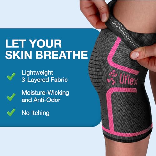 Image of UFlex Athletics Knee Compression Sleeve Support for Women and Men - Knee Brace for Pain Relief, Fitness, Weightlifting, Hiking, Sports - Pink,Medium