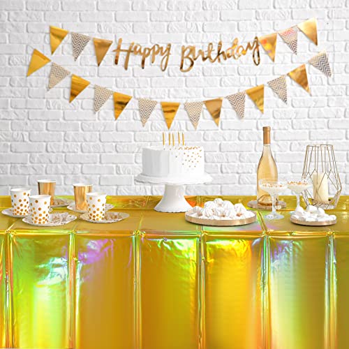 Image of 4 Pack Gold Iridescent Plastic Tablecloths Shiny Disposable Laser Rectangle Table Covers Holographic Foil Tablecloth Iridescent Party Decorations Birthday Bridal Wedding Christmas, 54 x 108 Inch