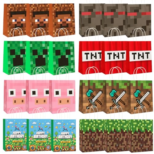 24 Pcs Pixel Theme Party Favor Bags, Birthday Party Supplies, Pixel Miner, Video Game Birthday Party, Goodie Treat Candy Gift Bags (24Pcs)