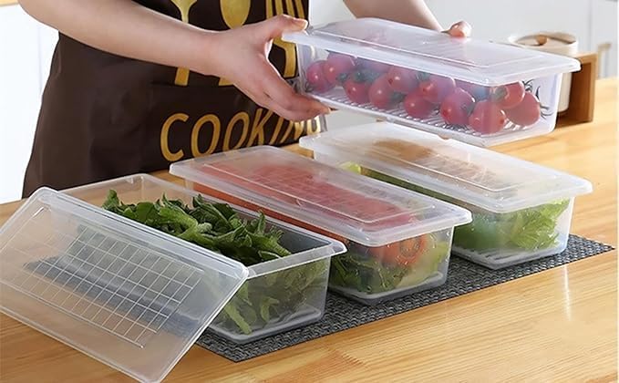 Image of Qshare Fridge Container - Plastic Fridge Storage Box with Removable Drain Plate, Leak-Proof Lid Fridge Storage Box, Fridge Organizer Container Keep for Fruits, Vegetables, Fish, Meat (1500ml) (4)