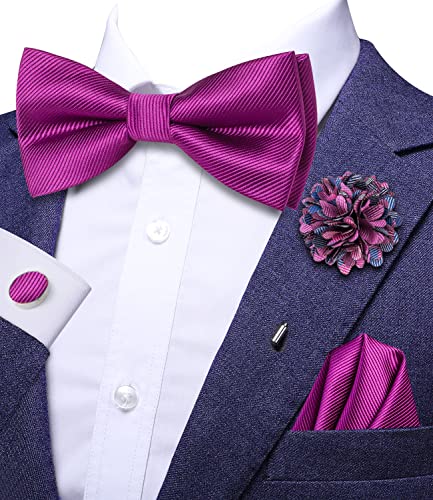 Image of Hi-Tie Bow Ties for Men Pre-Tied Pocket Square with Cufflinks Mens Bowtie Sets for Wedding Formal Party