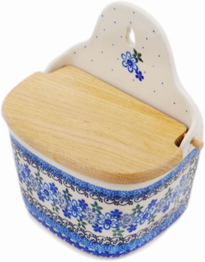 Polmedia Polish Pottery Wall Jar - Light Blue Lace Pattern Handmade in Boleslawiec Poland by Ceramika Artystyczna + Certificate of Authenticity