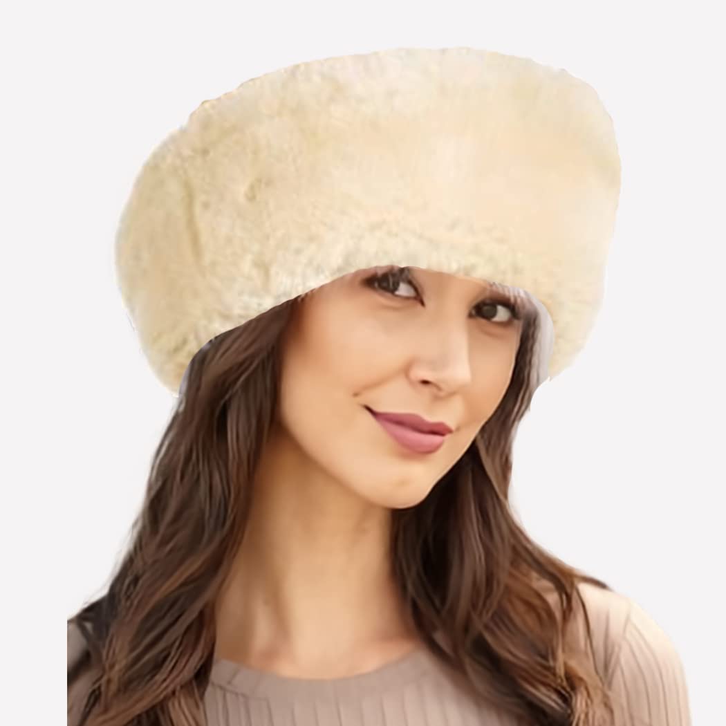 Faux Fur Headband with Elastic Winter Ear Warmer Headbands Thick Head Wrap  Earmuff Furry Headbands for Women (Beige)