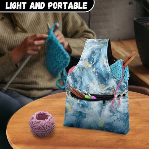 Image of KUIFORTI Yarn Bag, Portable Crochet Bag Organizer Blue Marble Yarn Storage Bag Organizer Knitting Accessories Travel Wrist Bag, Lightweight Yarn Tote Bags for Crocheting on The Go, Small Size