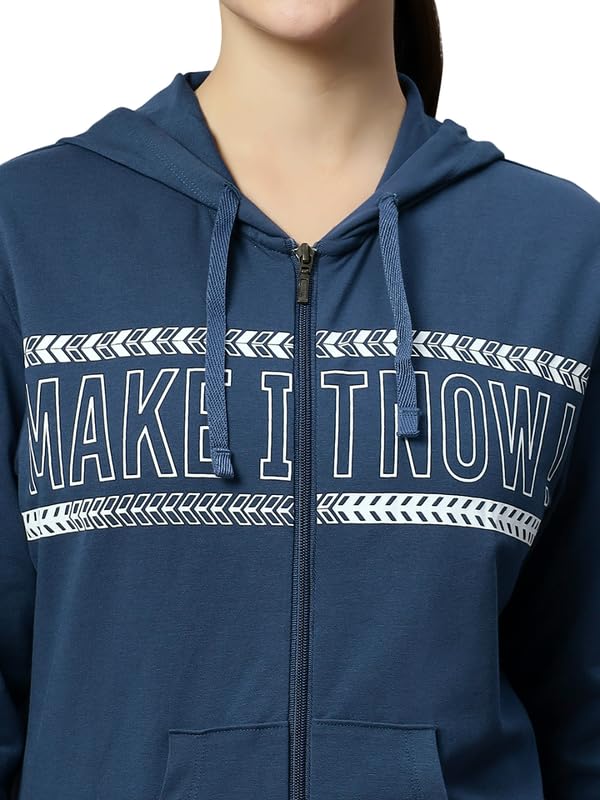 Image of Women's Cotton Printed Steel Blue Jacket with 2 Cross Pockets