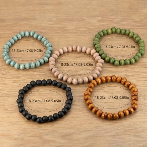 5pcs Wooden Bracelets for Women and Men, Elastic Handcraft Wooden Bead Retro Multi-layer Elastic Handcraft Bracelet,Vintage Bohemian Surfer Wristband Bangle Wrap Party Holiday Gift Accessories4