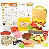 Play Food Toy for 3 4 5 6 Year Old Kids, 35 Pcs Play Kitchen Accessories, Interactive Panini Sandwich Making Toy with Menu and Play Money, Restaurant Pretend and Play Toy for Girls Boys Birthday Gift