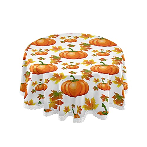 Autumn Pumpkins Fall Leaf Round Tablecloth Thanksgiving Maples Tablecloths Circular Table Cover Cloths Washable Polyester Tabletop Runner for Kitchen Dining Decor 60 Inch