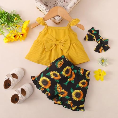 Image of Toddler Baby Girl Clothes Summer Outfits Ruffle Sleeveless Linen Shirt Kids Short Set for Girl Size 3-24M