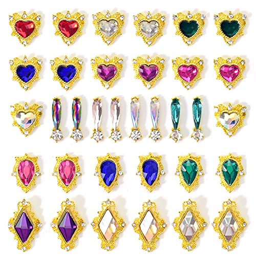 WOKOTO 36Pcs Luxary Alloy Nail Charms Rhinestones For Nails 3D Nail Art Charms Kit Heart Drop Rhombus Big Nail Gems Crystals Nail Diamonds For Nail Art Nail Stones Red Rhinestones For Nails Jewels