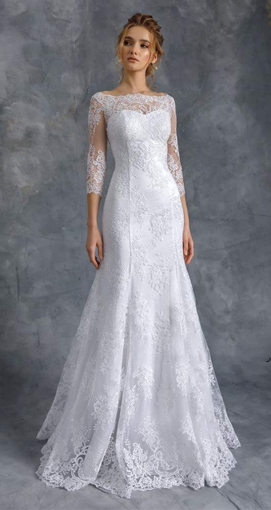 Snow Lotus Vestito da cerimonia nuziale della sirena del merletto delle donne con 3/4 maniche abiti da sposa sweep treno sottile abbigliamento da sposa