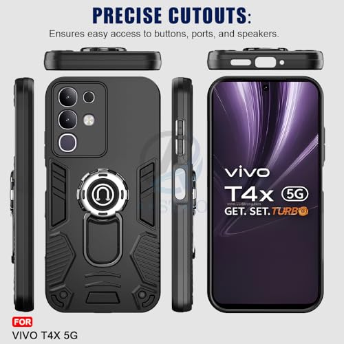 Image of AESTMO Vivo T4X / Z10X / Y31 Pro 5G Back Case Cover | Tough Armor Bumper | Ring Holder & Kickstand in-Built | 360 Degree Protection Cover for Vivo T4X / Z10X / Y31 Pro 5G (Black)