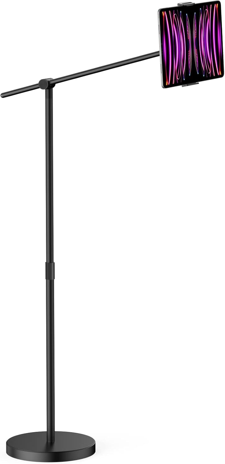 工匠藤井 タブレット スタンド 床置き 60-150cm高さ調節 4.7インチ~12.9インチ対応 360°回転 角度調整 スマホ兼用 金属構造 土台強化 下垂防止 組立式 寝ながら Padスタンド フロアスタンド 説明書付き - ブラック