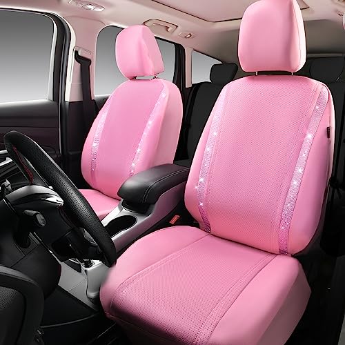 Image of CAR PASS Bling Diamond Car Seat Covers, Shining Rhinestone Waterproof Faux Leather Pink Car Accessories Two Front Only Universal Fit Auto Glitter Crystal Sparkle Strips for Cute Women Girl, Pink