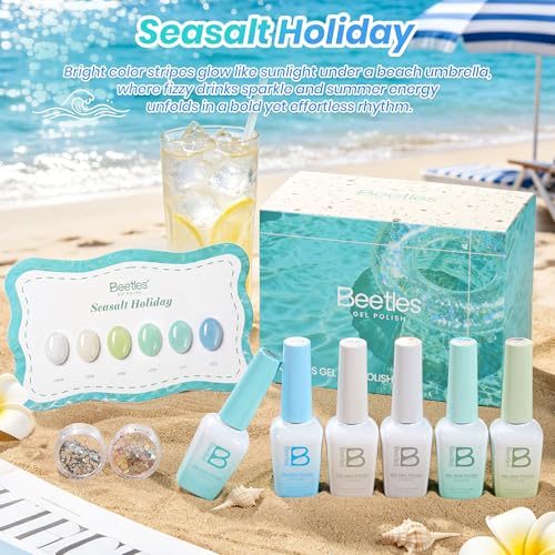 Image of Beetles Summer Voyage Jelly Gel Nail Polish Set - 9ML 6 Colors Seasalt Holiday Summer Sheer Gel Nail Polish Kit Milky White MInt Green Blue Soak Off UV Salon DIY at Home Manicure Gift for Women