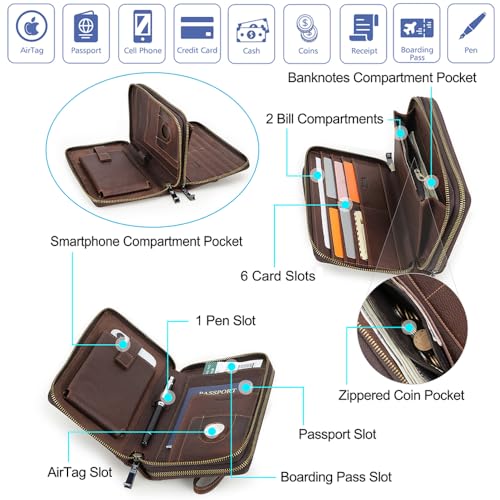 CONTACTS Full Grain Leather Airtag Passport Holder Travel Clutch Wallet with Code Lock Phone Organizer Large Wristlet Zipper RFID Purse4