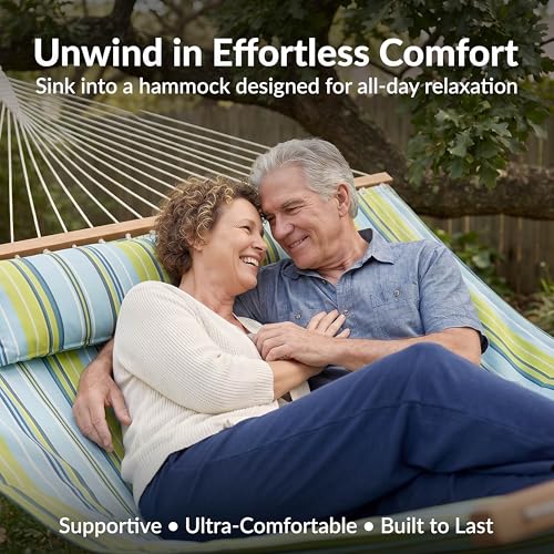 Image of Sunnydaze Quilted Double Hammock with Stand for Outside - 440 lb Capacity Universal Black Steel Stand - UV Resistant, Quick Dry Fabric - Pillow, Chains, and Hardware Included - Blue and Green