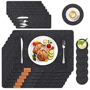 Tencoz Filz Tischset, Platzset 19er Set Abwaschbar, Platzdecken Anthrazit x 6 + Filzuntersetzer x 6 + Besteckbeutel x 6…