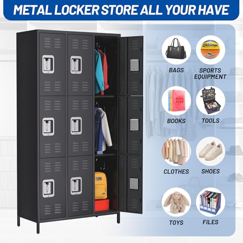 GarveeHome 9 Doors Metal Office Storage Cabinet, Metal Lockers for Employees with 27 Hooks and 9 Shelves, 72 Inch Tall Steel Storage Cabinet Locker for Home, Office, Gym, School, Black
