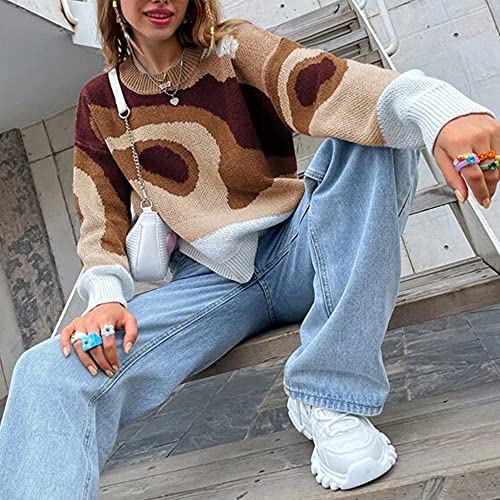Image of MISSACTIVER Women Casual Knitted Mock Neck Sweater Print Colorblock Long Sleeve Loose Fit Pullover Knitwear