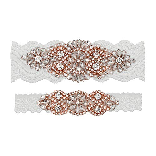 yanstar Wedding Bridal Garter Off-White Stretch Lace Bridal Garter Sets with Rose Gold Rhinestones Clear Crystal Pearl for Wedding