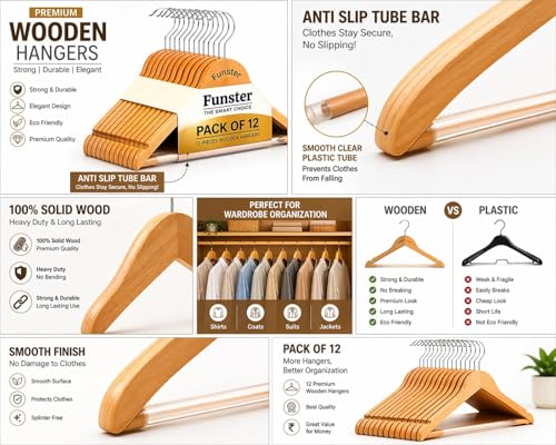 Image of Funster Wooden Hangers for Clothes - Premium Solid Wood Coat Hangers, Durable Anti-Slip Notches, Heavy Duty Clothes Hanger Set for Wardrobe, Shirts, Suits, Dresses (Pack of 12, Brown)
