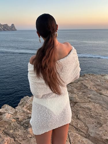 Womens Crochet Knit Swimsuit Coverup Mini Dress Summer 2025 Off Shoulder Sheer Mesh Beach Bathing Suit Cover Up3