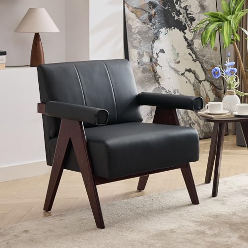 Image of STHOUYN Leather Accent Chairs, Living Room Chair with Wooden Legs (Black)
