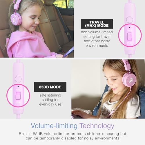 Image of MEE audio KidJamz KJ55 Wired Children's Headphones with 3.5mm Plug, Colorful Graphics, Volume Limiter & Microphone, Adjustable On-Ear Kids Headset for Online Learning /School /Travel /Tablet (Pink)