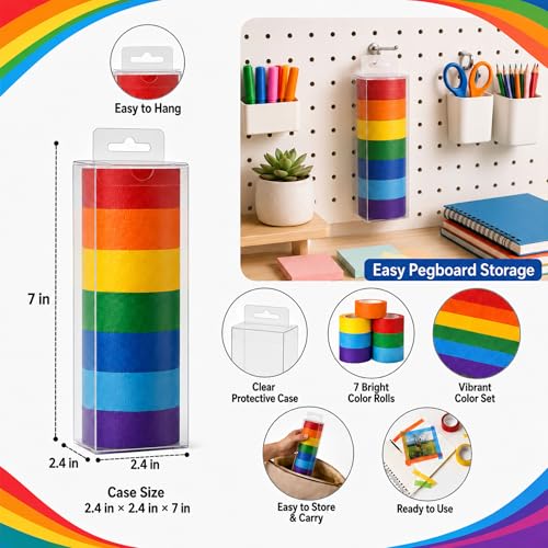 Image of Colored Masking Tape 1 Inch, 7 Rolls, Colorful Tape for Crafts. | 7 colored tape rolls, 14.2 yd each, writable and removable, easy to tear by hand, in a clear hanging case.