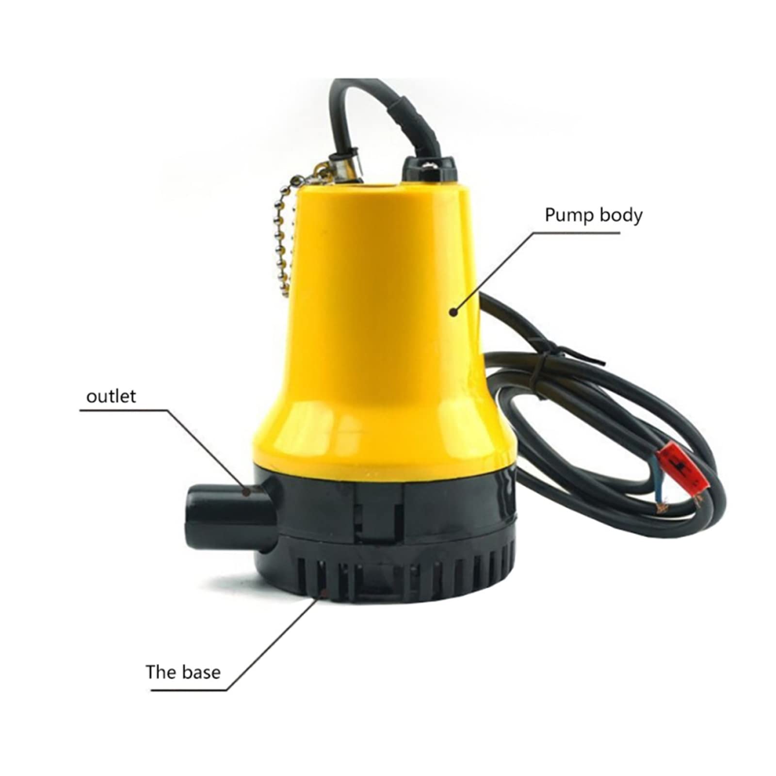 Pompe submersible réglable de petite taille, pompe de cale submersible sans balais, coque solide, avec chaîne, filtre amovible, mini pompe à eau jaune vif 12 V CC, débit de 4,5 m/h
