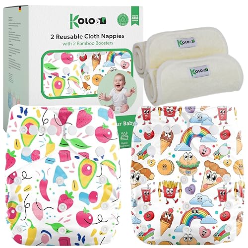 Kolo – 2 pañales reutilizables para bebés y recién nacidos + 2 inserciones de bambú | Pañales de tela lavables ajustables unisex | 100% ecológico | Diseño HappyFood