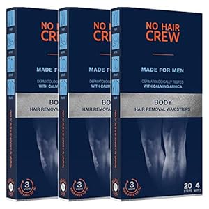3 x NO HAIR CREW Kaltwachsstreifen für den Körper – Wachsstreifen zur Haarentfernung, für Männer (Set 3 x 20 Wachsstreifen & 4 Pflegetücher)
