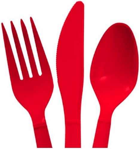 Miniatura 3 de Juegos de cubiertos de plástico resistente rojo y negro - 16 cucharas, 16 tenedores, 16 cuchillos - 2 paquetes de 48 cada 96 piezas en total -