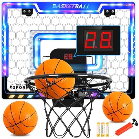 AOKESI Basketball Hoop Indoor for Kids, Mini Basketball Hoop with 3 Balls,Led Light,Batteries & Electronic S Cover