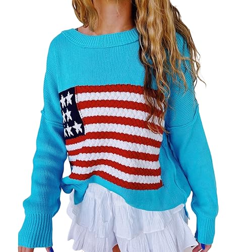 Image of KMBANGI Women American Flag Sweater Graphic Loose Vintage Long Sleeve Crewneck Knitted Jumper Top Patriotic Pullover