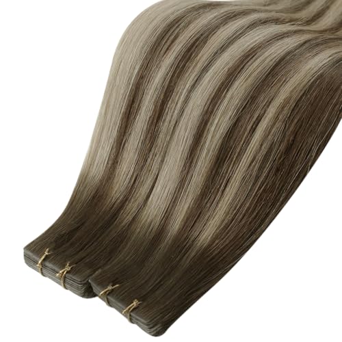 Image of LaaVoo Tape in Hair Extensions Human Hair Invisible Tape in Seamless Injected Hair Extensions Tape on Human Hair Silky Straight Cool Brown to Light Brown 16 Inch 40g 20Pcs