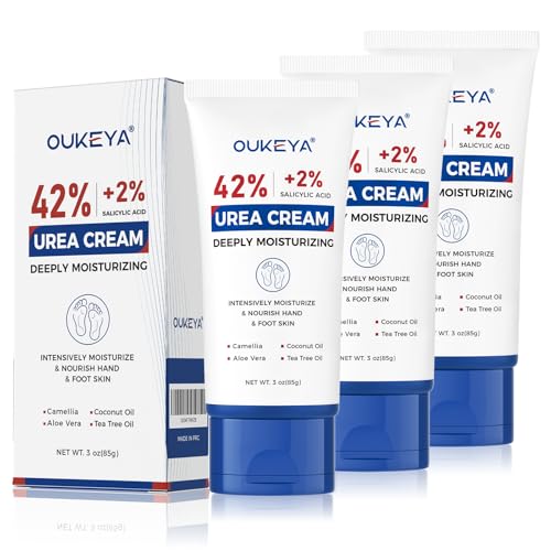 OUKEYA Crema Urea al 42% con Ácido Salicílico al 2%, Crema Pies Manos Tratamiento Intensivo Piel Agrietada, Talones y Codos, Cream Hidratante Pies, Elimina Callos Antifisuras, Fácil Transportar, 3x85g