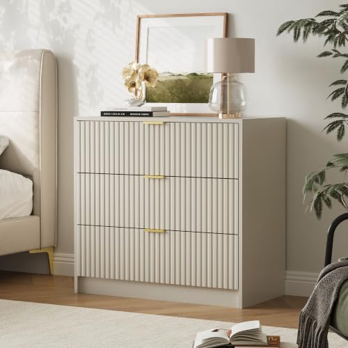 Image of Furniway 31.5 inch Large Nightstand with 3 Drawers, Fluted Bedside Table, Modern Tall End Table with Storage, Wood Night Stand Organizer Cabinet for Bedroom, Beige