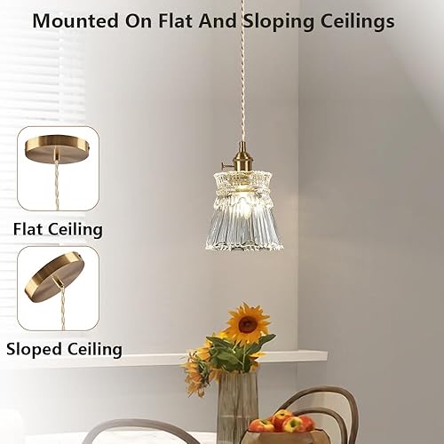 Miniatura 4 de Lámpara colgante de cristal, lámparas colgantes de latón vintage con interruptor, lámpara colgante pequeña de granja para cocina, isla, comedor,