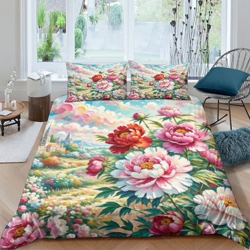 Housse de couette pivoine 3D avec fermeture éclair cachée linge de lit doux - 2