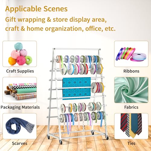 Image of Rolling Ribbon Organizer, 15 Tier Metal Ribbon Holder Organizer Rack, Christmas Craft Gift Wrapping Ribbon Storage Shelf, Ribbon Rack for Craft Room Cake Shop Flower Store, Vinyl Roll Holder (White)