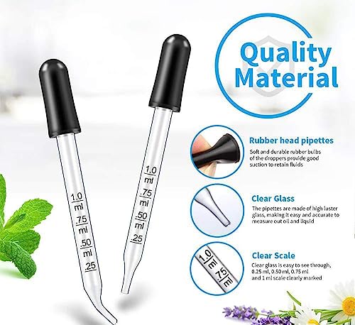 Image of Eye Dropper Set for Essential Oils, Pipettes Dropper with Black Rubber Head, Calibrated Thick Glass Medicine Dropping Pipettes, 1ml Dropper Measurer, Dropper for Liquid, Straight-Tip, Bent-Tip