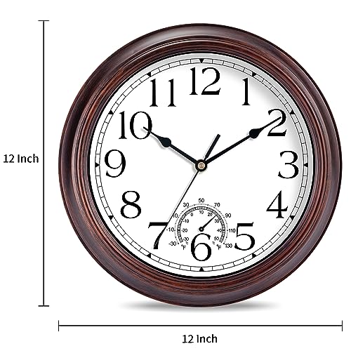 Image of KECYET 12 Inch Outdoor Wall Clock with Thermometers, Vintage Silent Wall Clocks Battery Operated, Retro Non-Ticking Clock Decorative for Living Room, Patio, Kitchen, Office, Bathroom, Bedroom(Bronze)