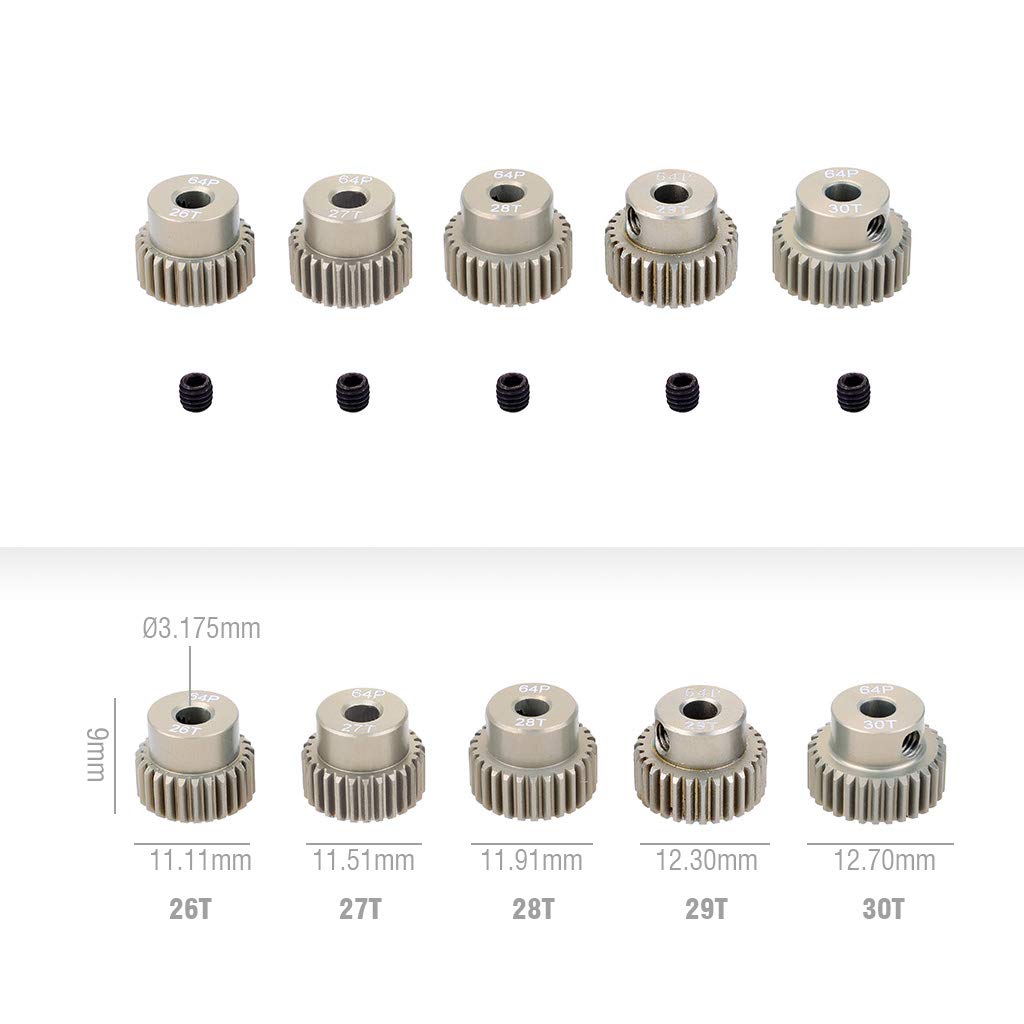 DollaTek Lot 5 Pignons 26T-30T Pour Moteur Brushless 1/10 RC – 64DP, Axe 3,175 Mm