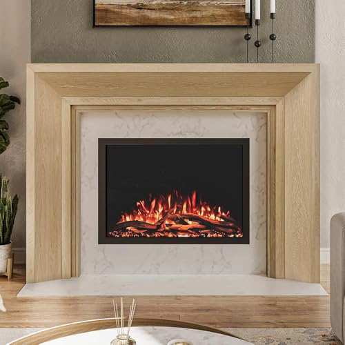 Image of Modern Ember Everly Wood Fireplace Mantel Surround Kit in Whitewash | 56 inch x 42 inch Opening | 80 inch x 54 inch Overall | Modern Picture Frame Design | Includes White Oak Wooden Mantel Surround & Shelf
