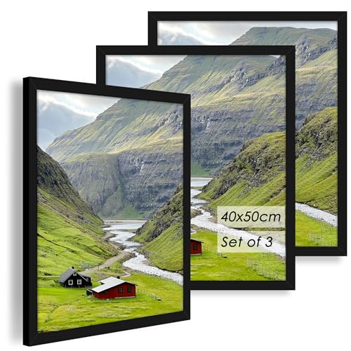 QPQIYIY Bilderrahmen 40x50 cm 3er set, Schwarz Bilderrahmen 40x50 Hergestellt aus Holzwerkstoff, Rahmen 40 x 50 cm ideal für Fotos, Bilder, Poster