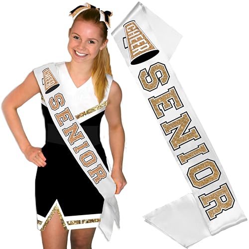 RhinestoneSash Senior Cheer Sash Gold - PREMIUM GRADE SATIN White Sashes - Cheerleader Squad Gifts