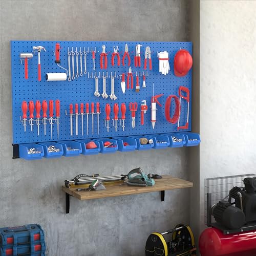Image of Ultrawall Pegboard Wall Organizer, Blue Metal Peg board Panels, Garage Storage System with Hooks and Storage Bins, 59pcs